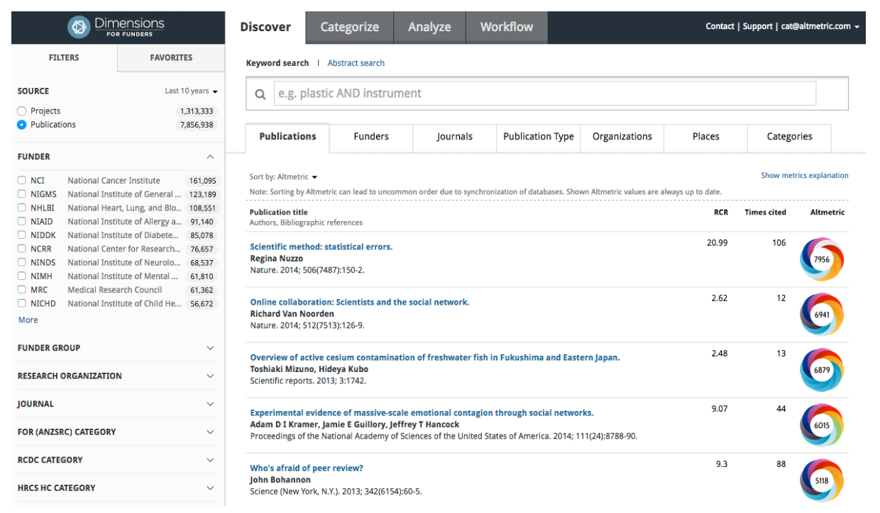 Altmetric badges displayed on the Dimensions platform 