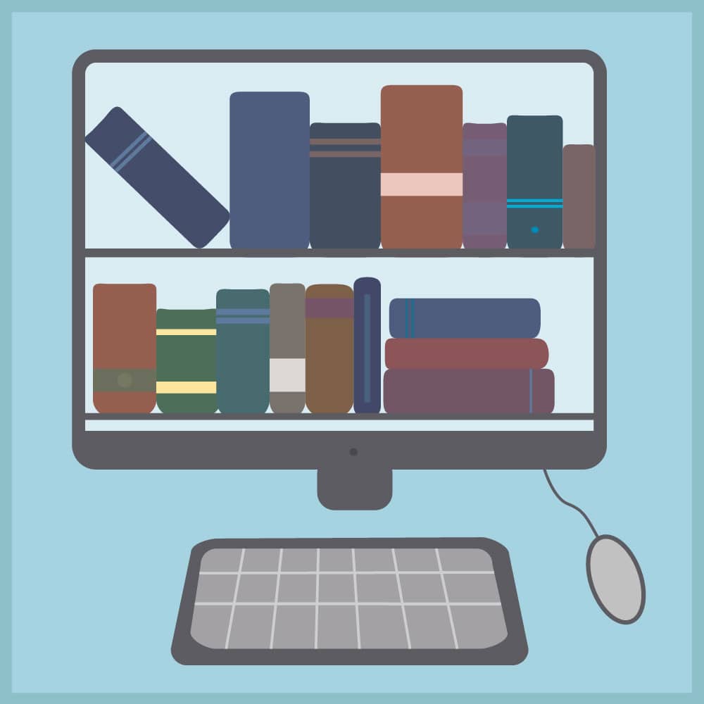 illustration of computer screen showing shelves of books