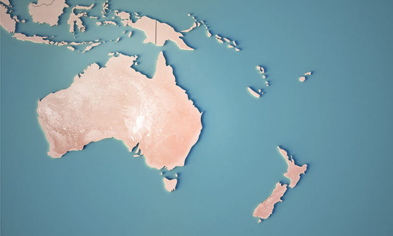 illustrated map view of Australia and New Zealand