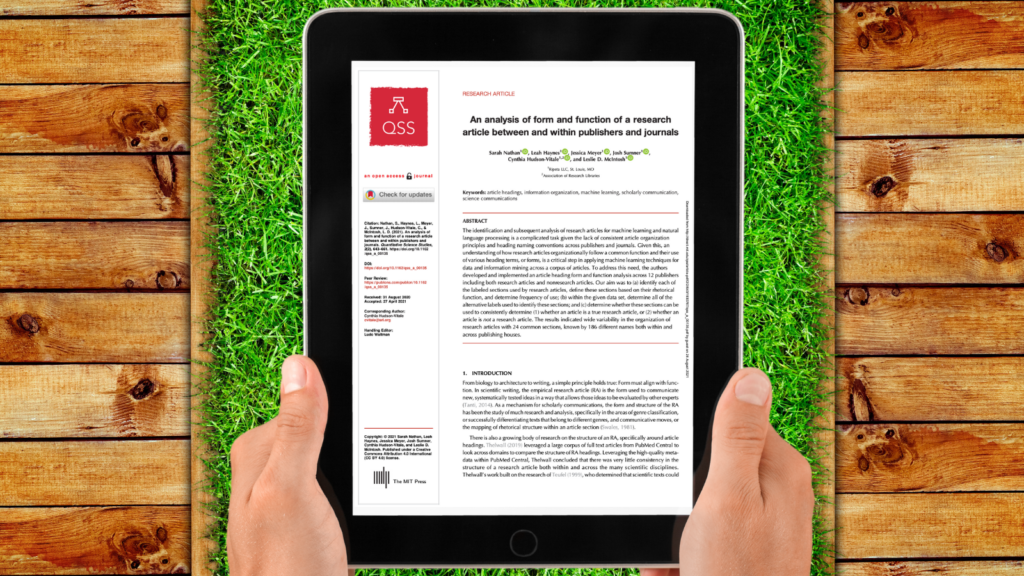An image of a paper entitled "An analysis of form and function of a research article between and within publishers and journals" on an iPad screen