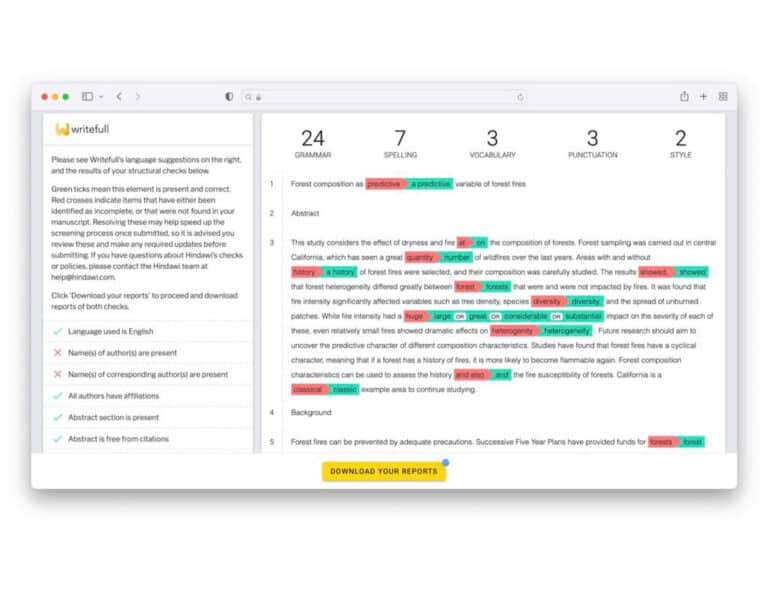 screenshot of Writefull’s structural checks report combined with the language revision service