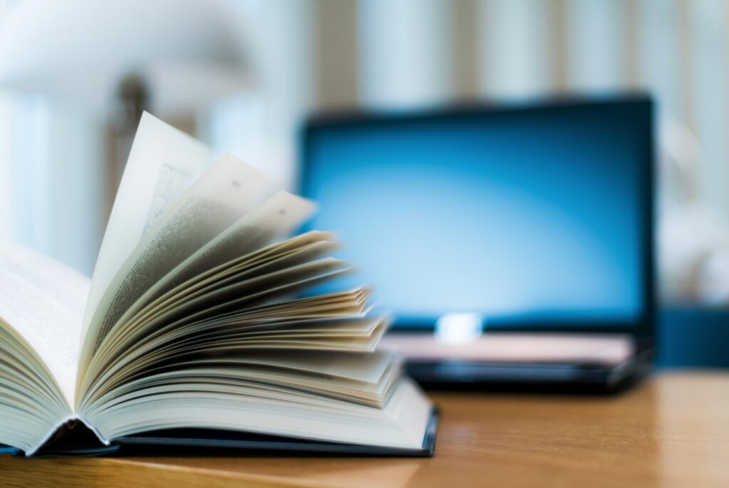 Open book on a desk.