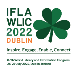 An image of a shamrock, and the words - IFLA WLIC 2022 Dublin - Inspire, Engage, Enable, Connect. 26-29 July 2022