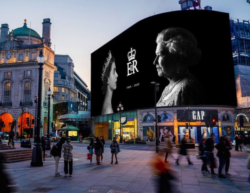 Billboard displaying a tribute to Queen Elizabeth II