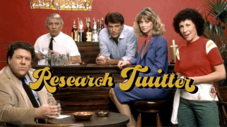 still of the cast of Cheers with text Research Twitter