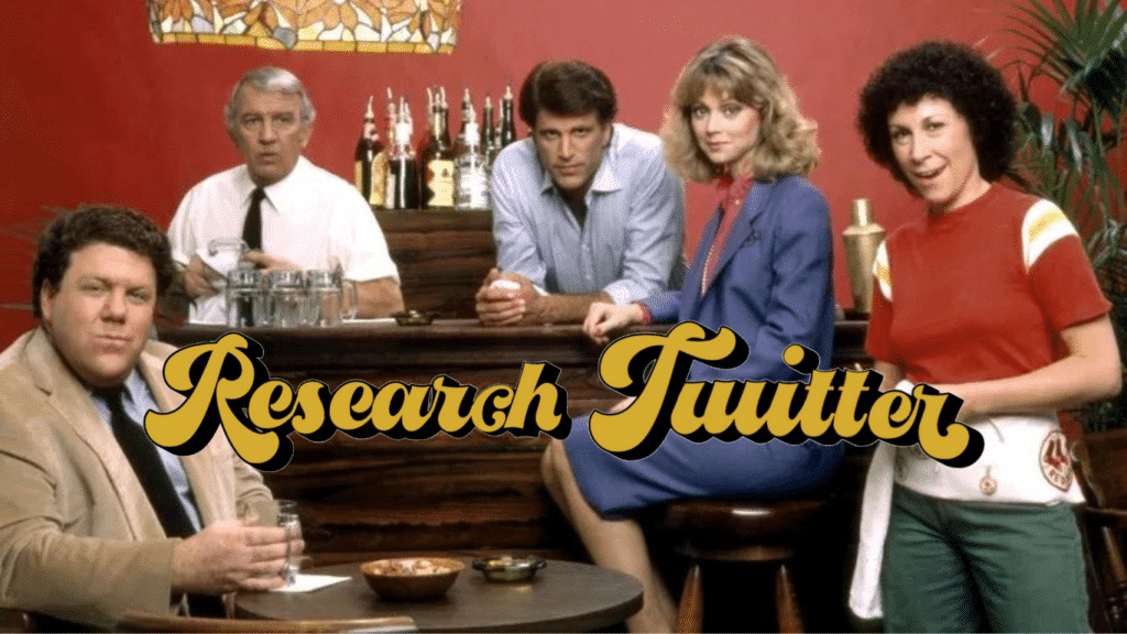 An image of the Cheers season 1 cast with "research twitter" written across the front in the Cheers font