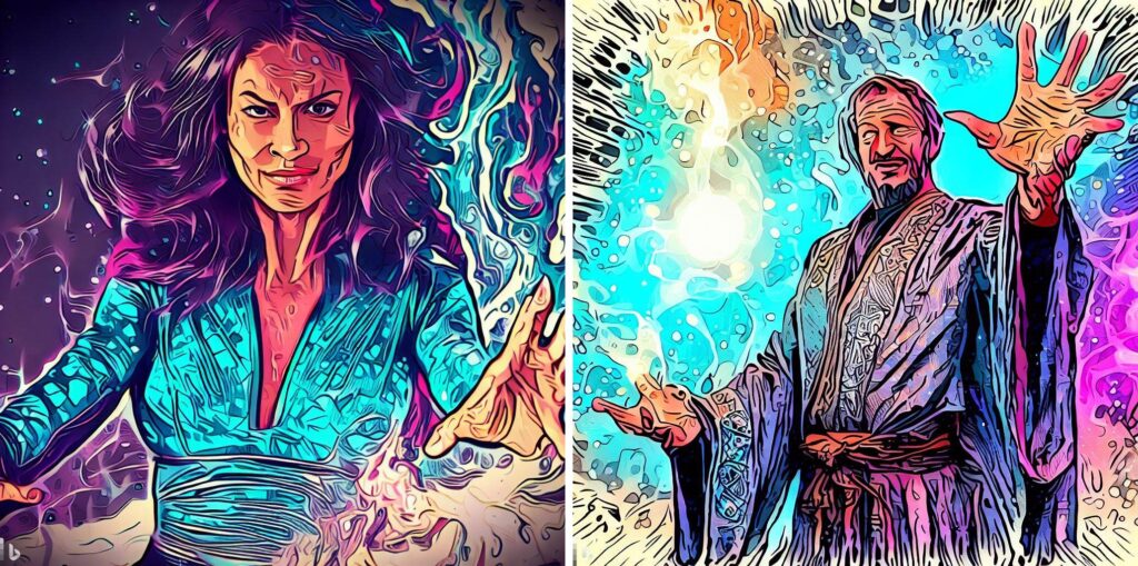 AI art of two wizards, in comic-book-style form
