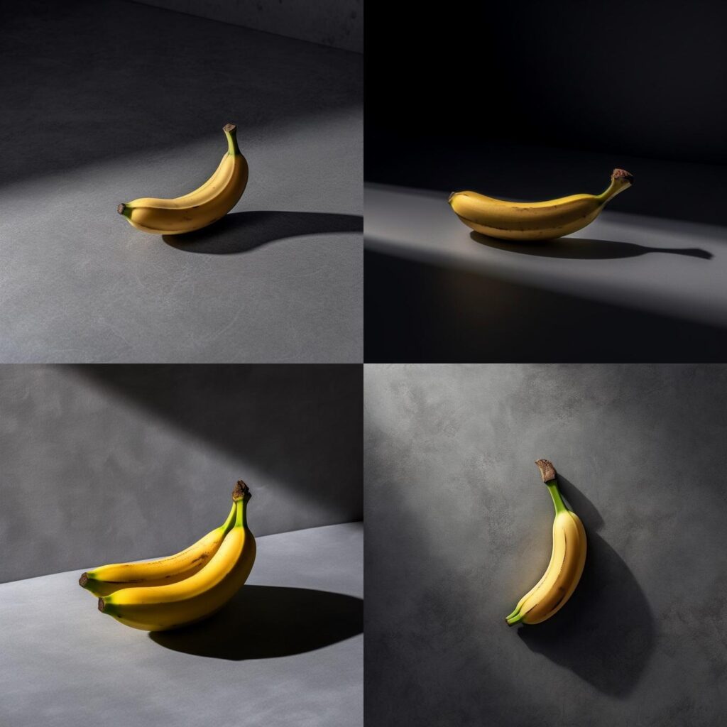 AI-generated art of bananas, showing one banana in most instances