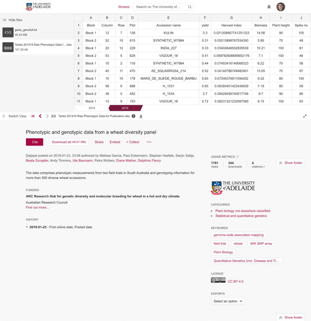 adelaide university figshare dataset of Phenotypic and genotypic data from a wheat diversity panel