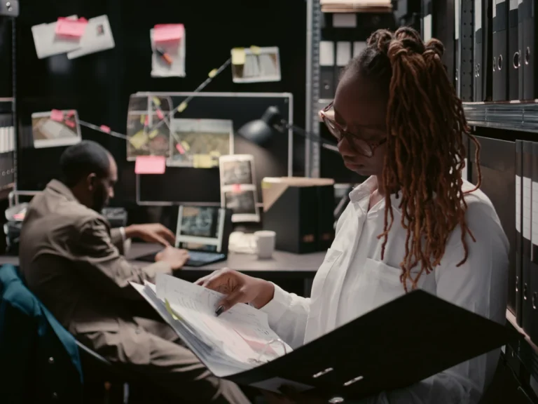 A woman reviews documents in a binder while a colleague works at a laptop in an investigation office with an evidence board.