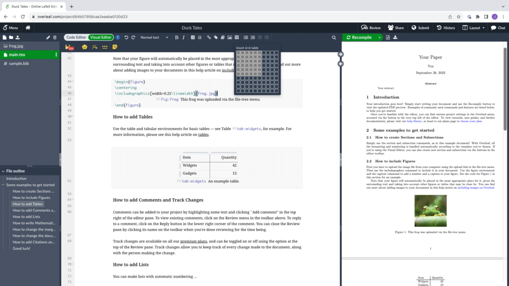 demonstration of how to add tables into Overleaf