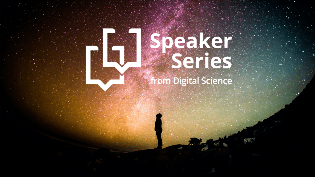 Silhouette of a person looking up at an iridescent starry sky with a galaxy streaming across it and the Speaker Series logo of two conversational speech bubbles superimposed on top