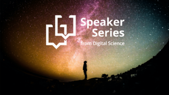 Silhouette of a person looking up at an iridescent starry sky with a galaxy streaming across it and the Speaker Series logo of two conversational speech bubbles superimposed on top