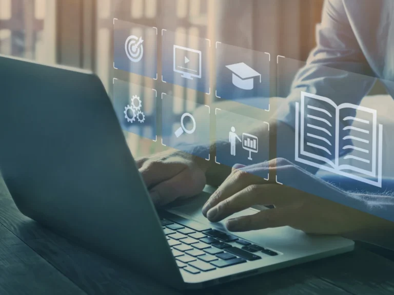 A person typing on a laptop with overlaid icons for education, video lessons, research, and training, representing online learning.