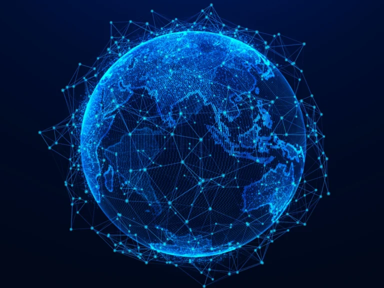 A glowing blue digital globe surrounded by a web of connected nodes and lines, representing a global data network.