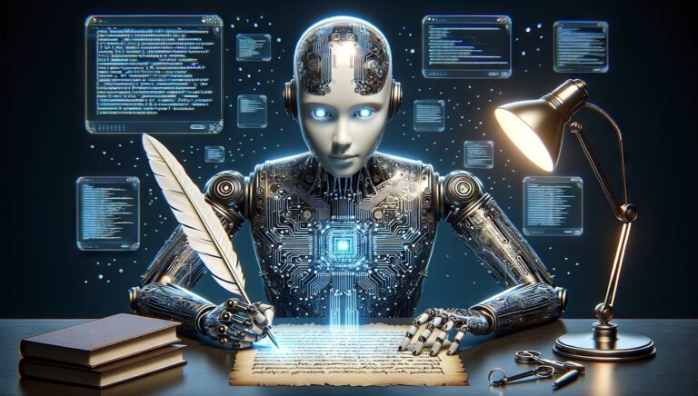 Stock image generated using AI - An artificial intelligence robot writer creating generative AI