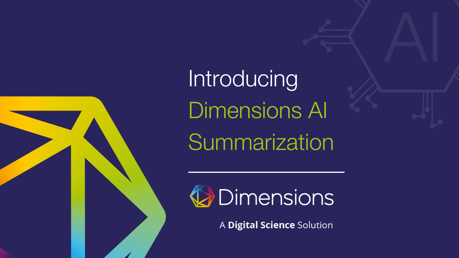 Banner logo with Dimensions logo and text - Introducing AI data summarization