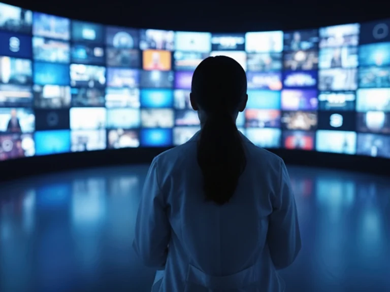 A researcher facing a wall of screens streaming vast amounts of media and data.