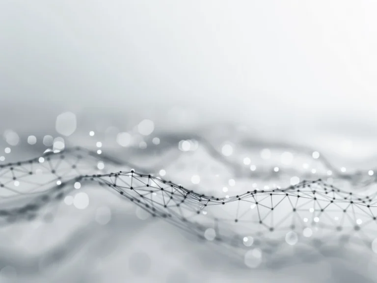 Abstract wireframe mesh of connected dots and lines flowing in waves against a light gray background.