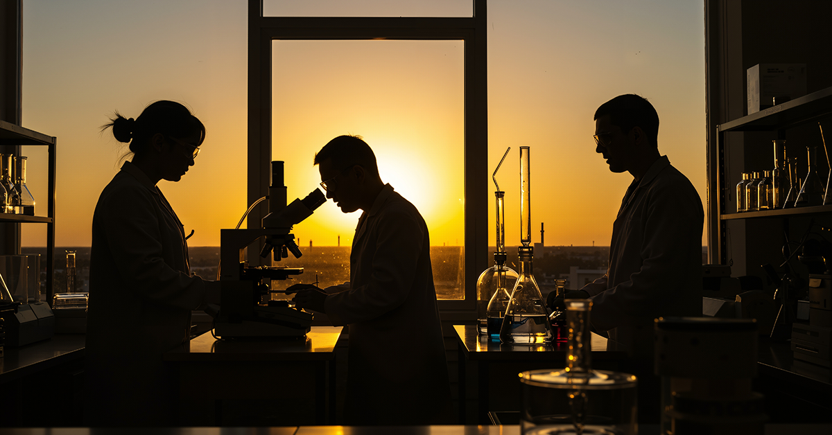 researchers collaborating in dark lab