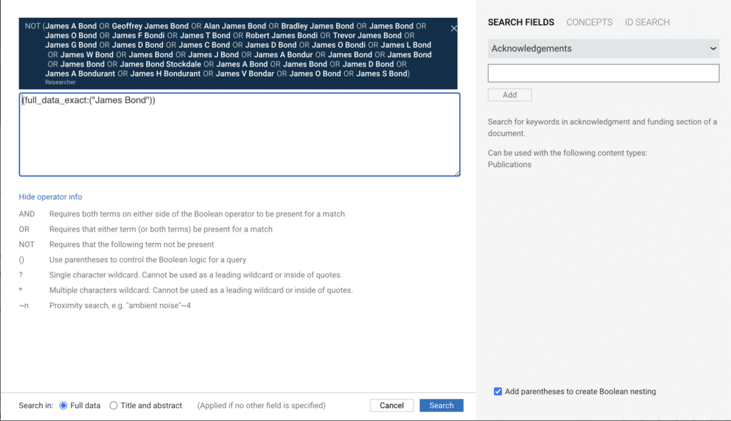 screenshot of Dimensions interface showing search results for search of mentions of James Bond