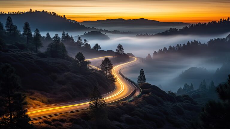 time lapse photo of car headlights on mountain road