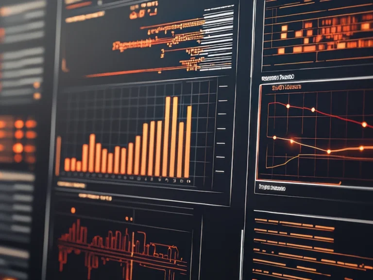 Close-up of a dark analytics dashboard displaying orange bar charts, line graphs, and data panels.