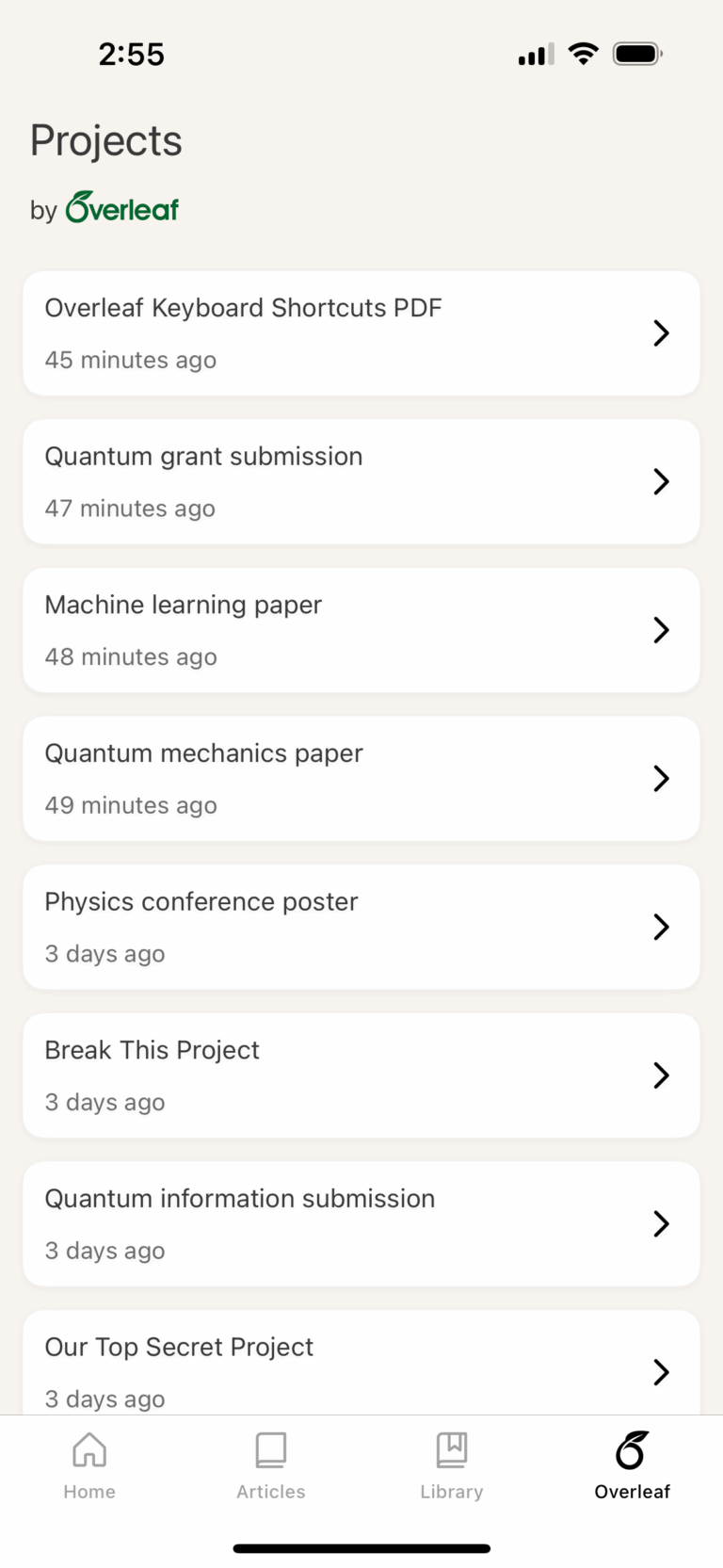 Briefly display showing your Overleaf projects
