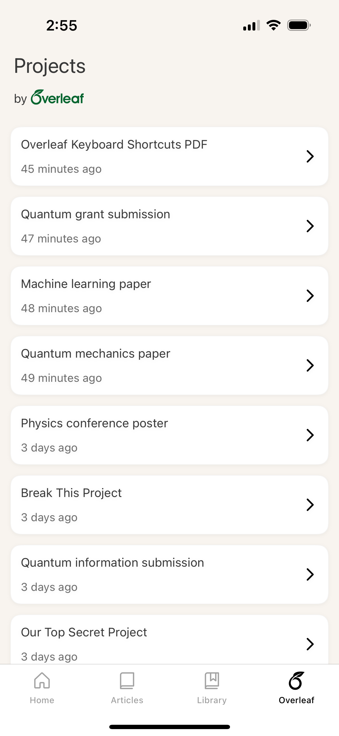Briefly display showing your Overleaf projects