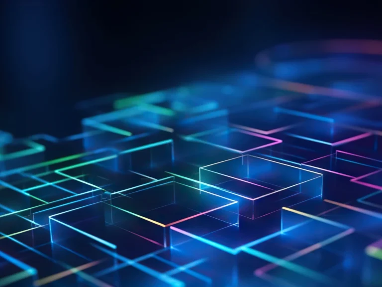 Abstract 3D illustration of glowing translucent blocks outlined in neon blue, green, and pink on a dark background.