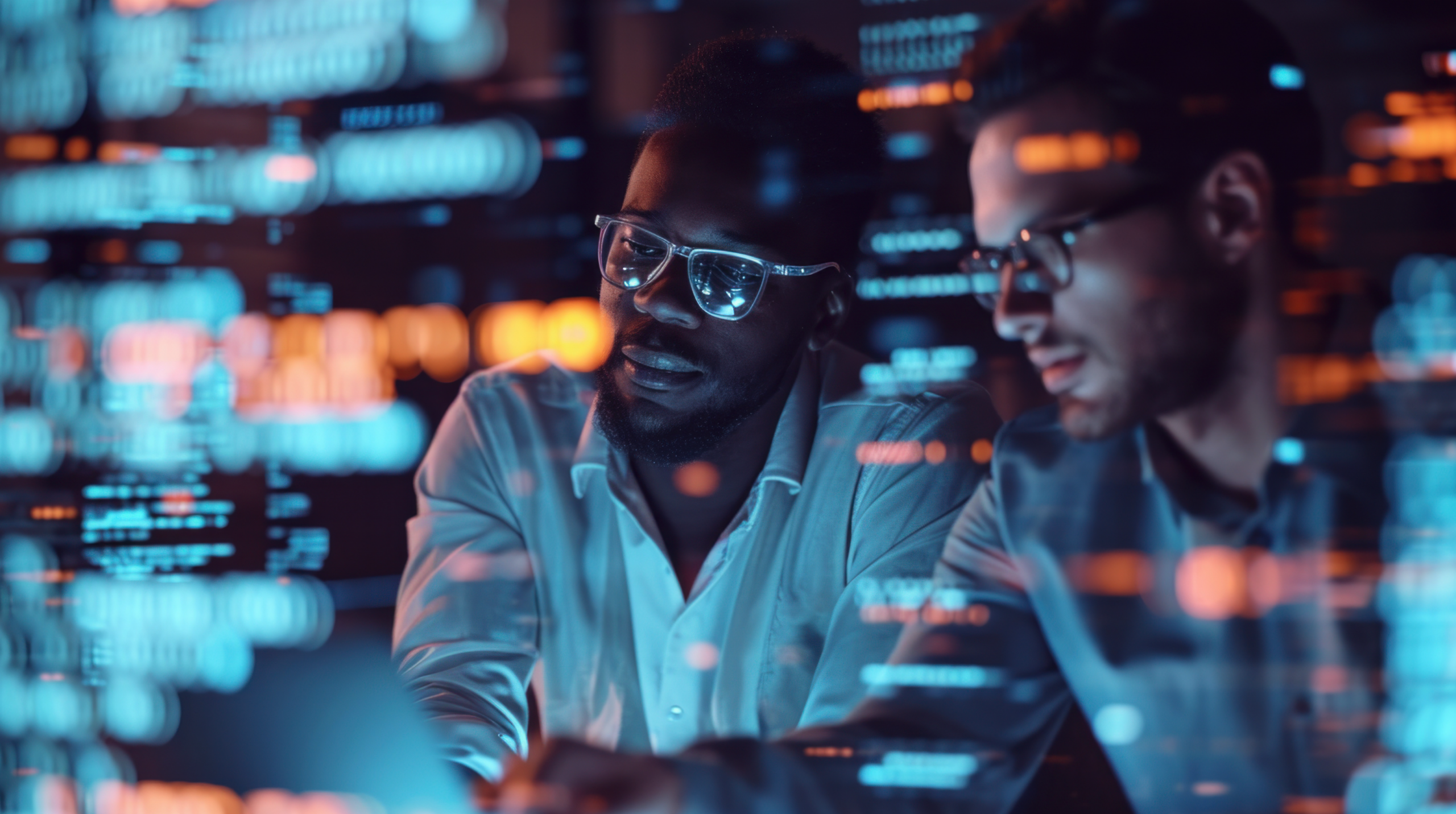researchers and the reflection of data on a screen