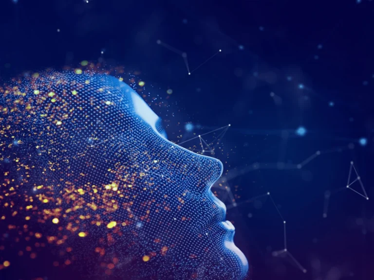 A digital human face in profile made of glowing blue particles, dissolving into golden dots against a dark network background.