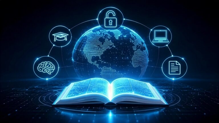 Digital book, opened, with open access knowledge